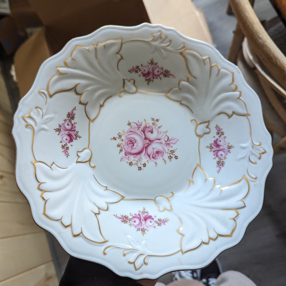 Weimar Jutta Pink Cabbage Rose German Porcelain Charger Plate Dish 1691B